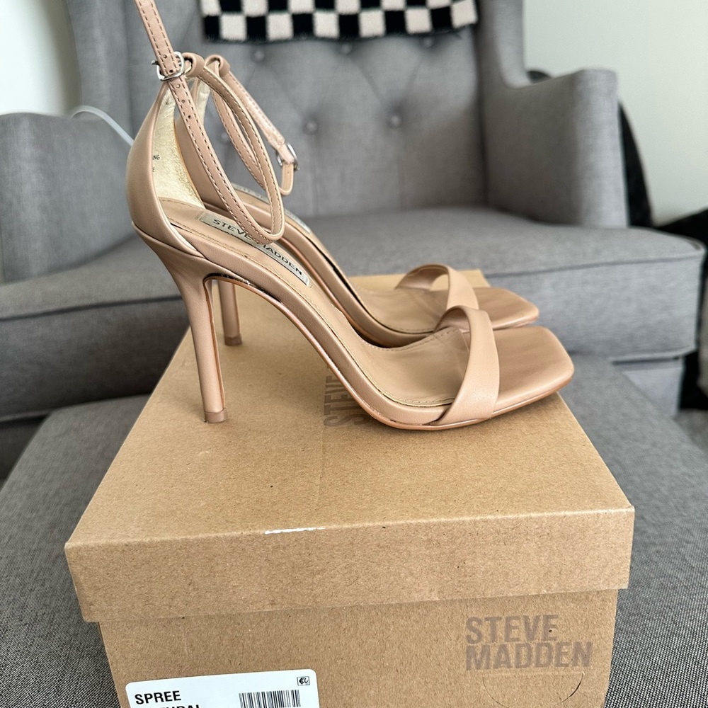 Steve Madden Tan Square Toe Stiletto Heels with Ankle Strap